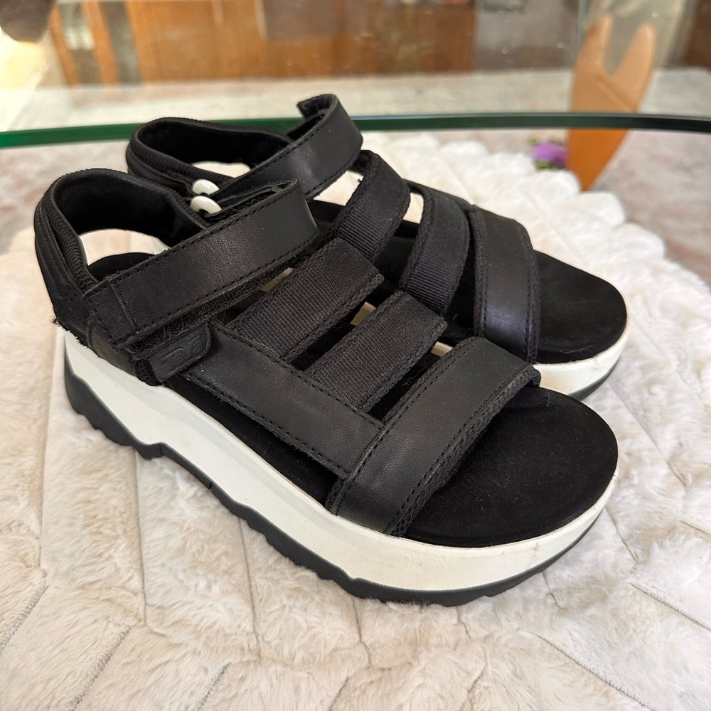 Black and white chunky platform Teva Zamora sandals